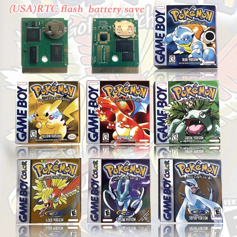アメリカ製rtcフラッシュバッテリー搭載カート、ポケモン-クリスタル-シルバー-ゴールド-メタリック箔仕上げボックス、インナー-トレイ、ゲームカート、gbc用マニュアル付き