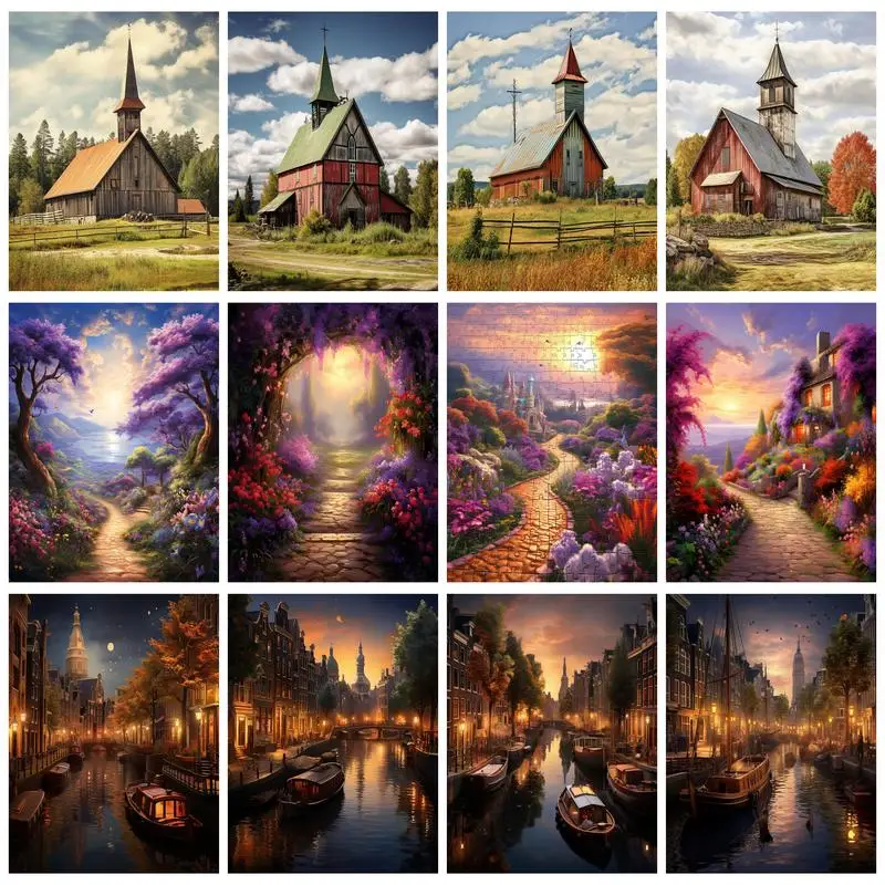 

RUOPOTY 5D Diamond Painting Landscape Full Round/Square Diamond Embroidery House Mosaic Cross Stitch Home Decor Gift