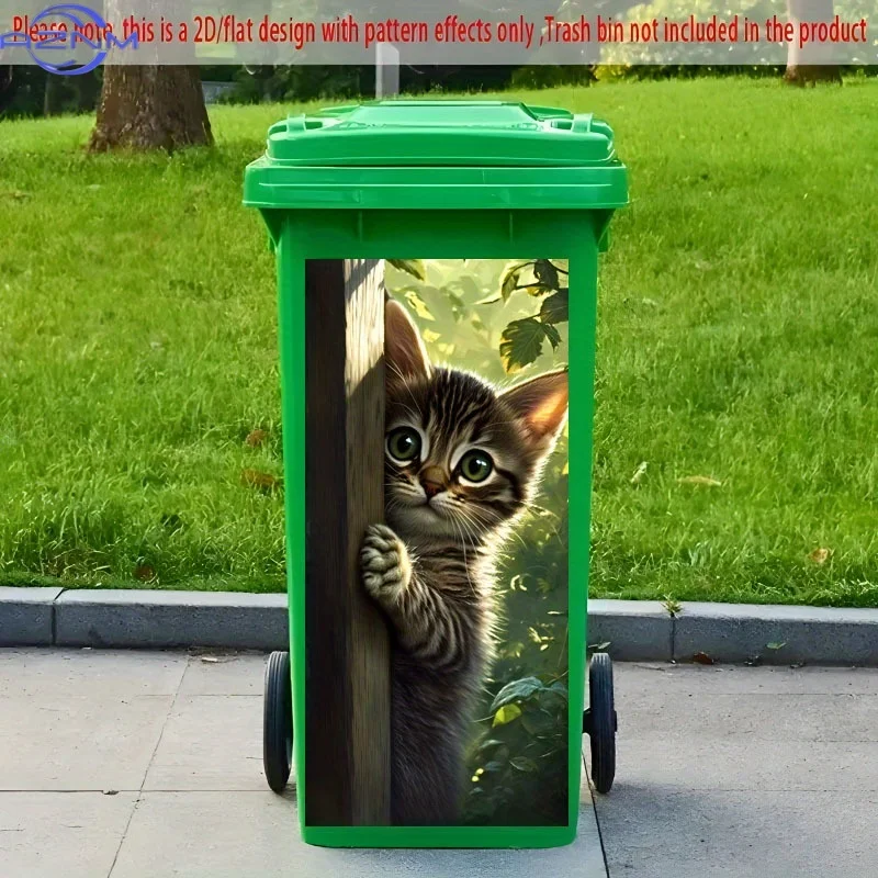 1PC1pc of Trash Can Sticker, × Cm, Featuring a Peeking Kitten in a Forest Background Design. Self-Adhesive Wallpaper for Decor
