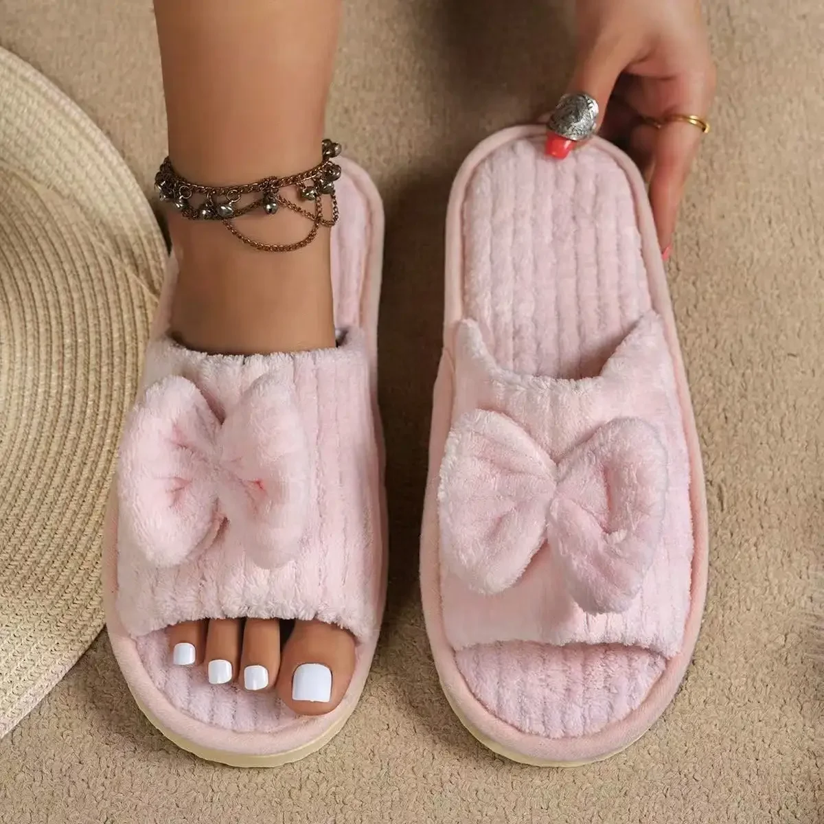 

New Fashion Slip-On Bowknot Striped Comfortable Foam Open Toe Slides For Women, Suitable For Spring