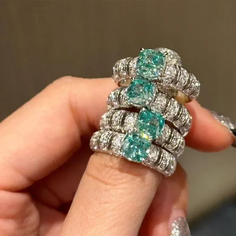 Fashion Square Sea Blue Gemstone Rings for Women Silver 925 Vintage Light Luxury Sweet Fresh Style Engagement Fine Jewelry