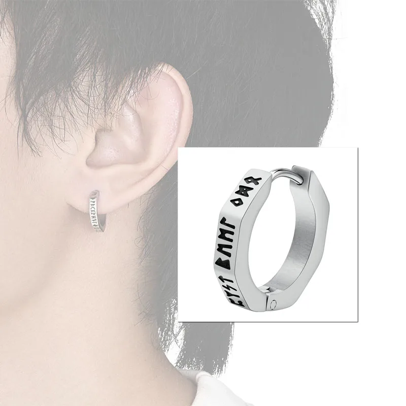 Korean Fashion Ear stud Men stainless steel octagonal corrosion Viking symbol Earring Male Roman numerals Trendy Ear jewelry Hot