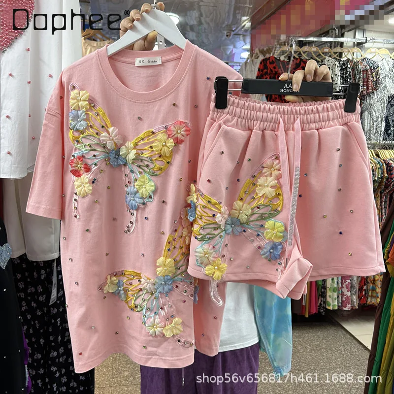 

Summer Street Fashion Casual Suit Butterfly Pearl Short-sleeved T-shirt Top Women + Elastic Waist Wide-leg Shorts Two-piece Set