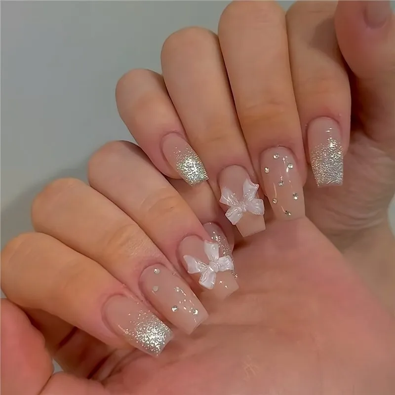 

24PCS Glitter Sequin French Medium Coffin False Nails 3D Bowknot Simple Fake Nails for Women Sweet White Nails Press on Wearable