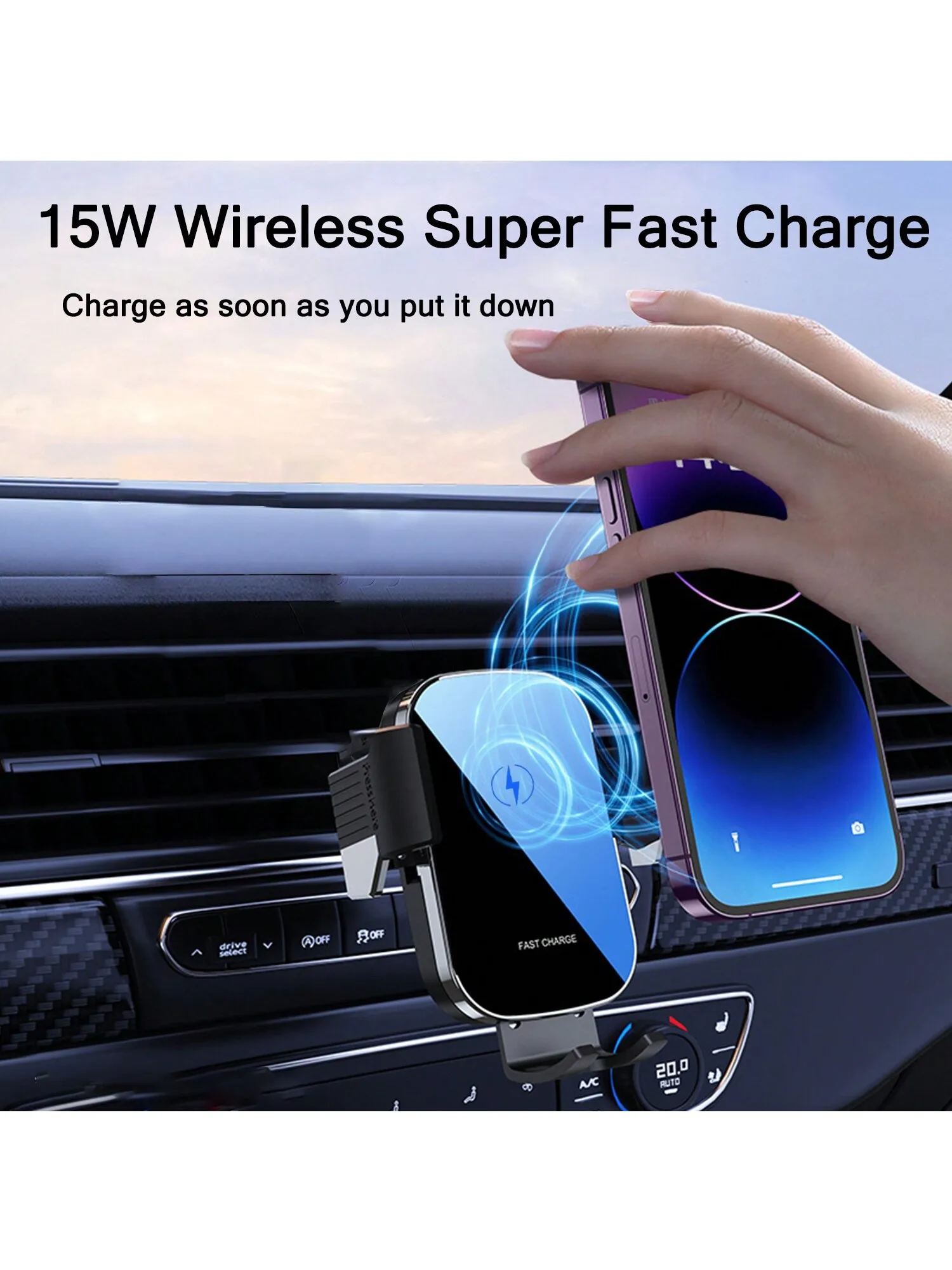

1 Piece Smart Induction Wireless Car Charger 15W Super Fast Charging Car Charger Phone Holder Air Vent Cell Phone Holder Black