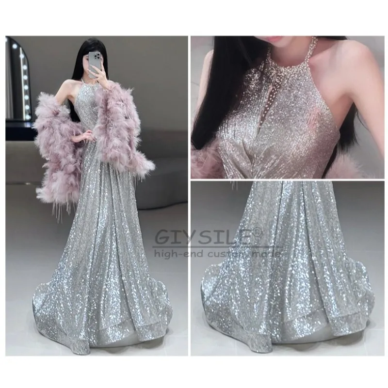 GIYSILE 맞춤형 홀터넥 패션 섹시 2025 신상 고급스러운 분위기 핑크 깃털 숄 연회 시퀸 이브닝 드레스