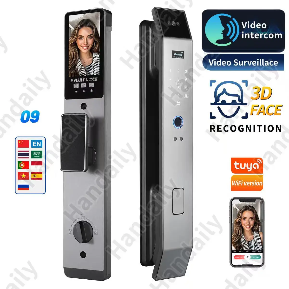 Tuya Smart Door Lock with Face Recognition Fingerprint Card Unlock App Remote Control and Multi Language Video Intercom