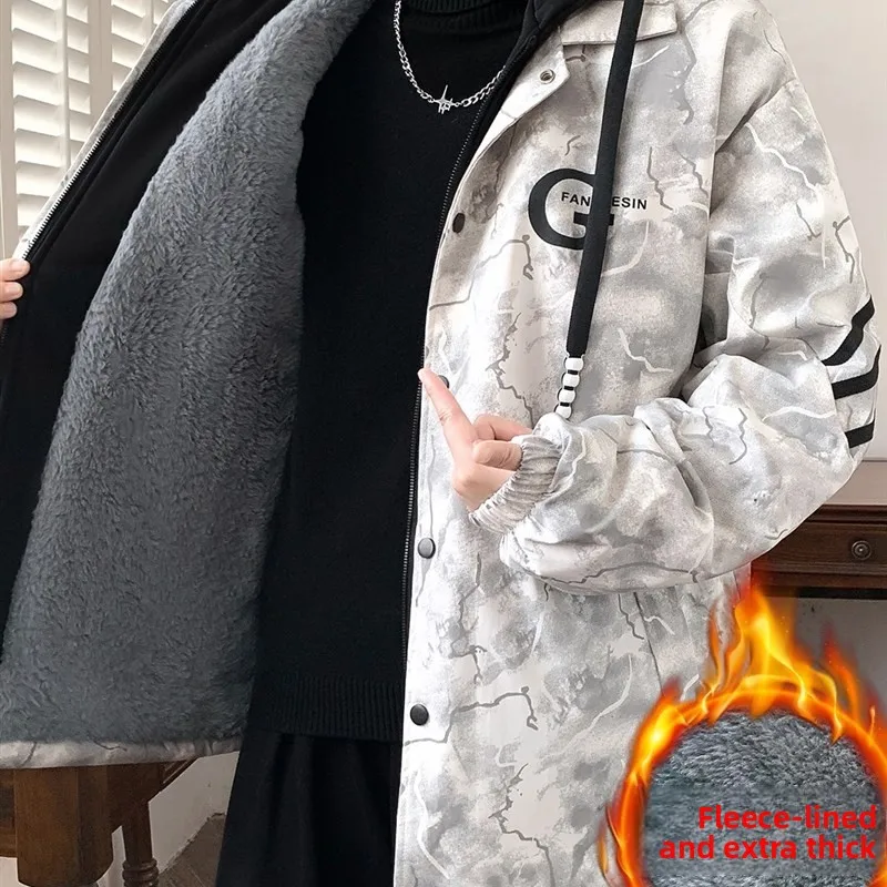 

Thiened Fce Куртка с капюшоном для мальчиков, свободная посадка, теплая ветрозащитная верхняя одежда, повседневное длинное пальто из полиэфирного волокна