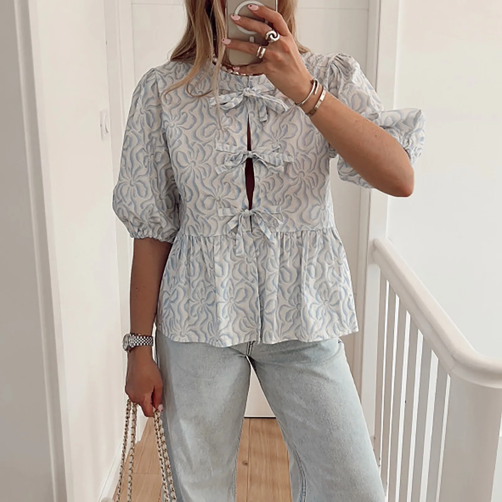 Women Puff Short Sleeve Peplum Shirts Tie Front Ruffle Hem Blouse Tops Teen Girls Lace Up Cute Summer Tops Shirts for Women Tall