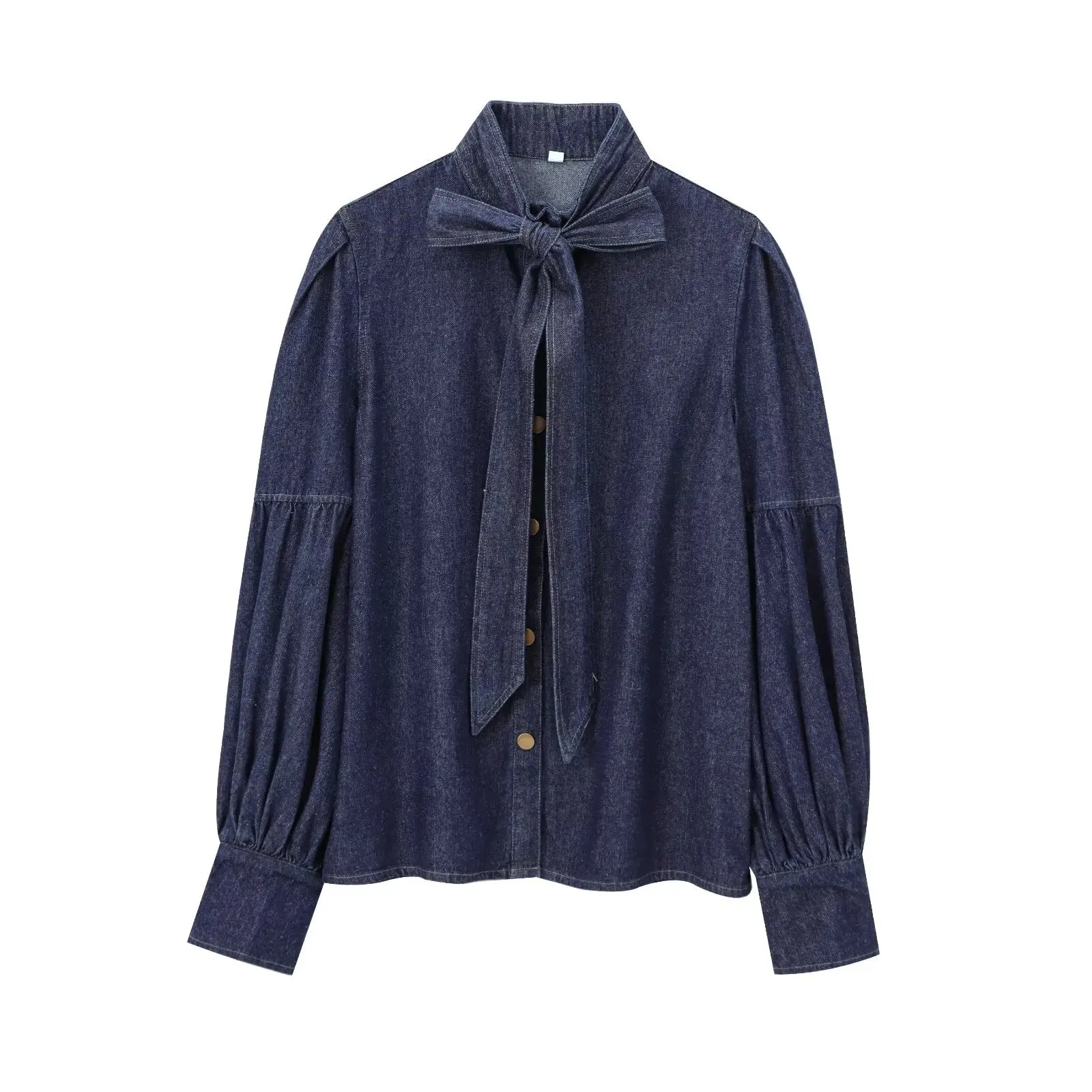 AW Urban Imitation Denim Blouse Tops Women's Blouses&Shirts New Spring Autumn Long Sleeves Puff Sleeves Tied High Neck Clot view 2