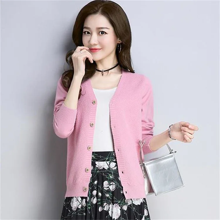 

2024 Ladies New Solid Color and V-neck Knitted Single-Breasted Cardigan Spring Shawl Casual Sweater