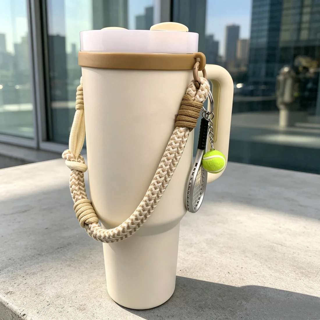 Water Bottle Strap Holder Sling with Tennis racket Sports Keychain, for Owala FreeSip 24 32 40 oz, Hydro Flask, for Walking