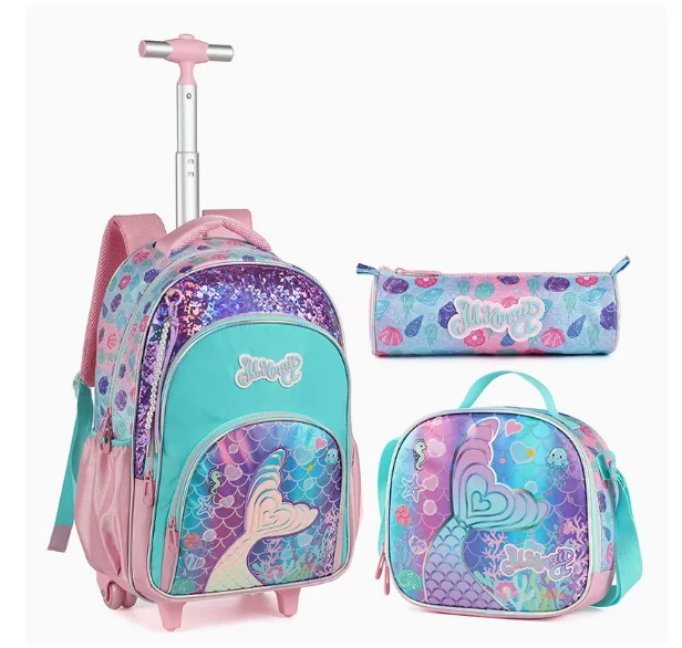 Backpack with Wheels for Girls Rolling Backpack Cute Carry on Backpack Kids Luggage with Lunch Box Pencil Case Elementary School