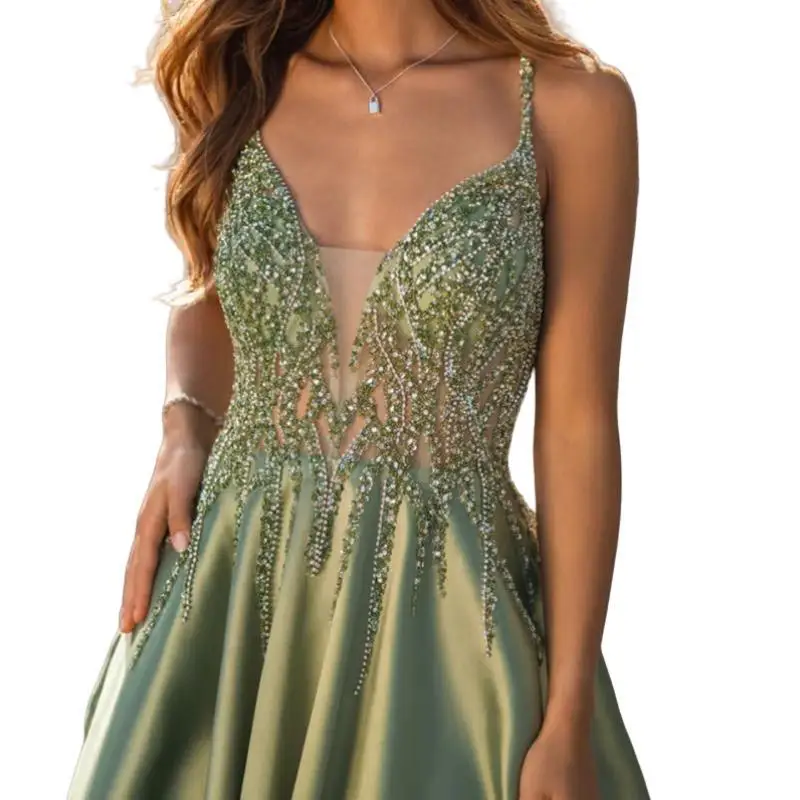 Eleganti abiti da sera verde Oliver 2024 scollo A V che borda una linea abito da donna in raso per occasioni formali abito da festa di nozze Homecoming