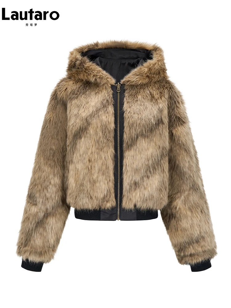 Lautaro Winter Vintage Thick Warm Reversible Faux Raccoon Dog Fur Park Women with Hood Luxury Designer Clothes Fluffy Jacket