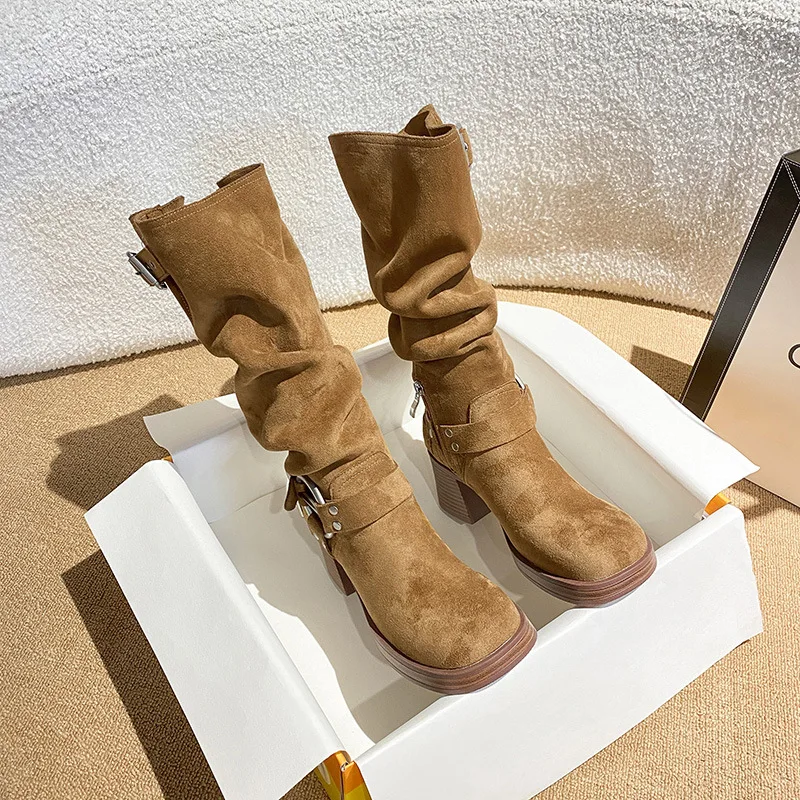 

Belt Buckle Pile Of Boots For Women Square Toe Nubuck Leather Botas Vaqueras Mujer Chunky High Heels Western High-Top Shoes Lady