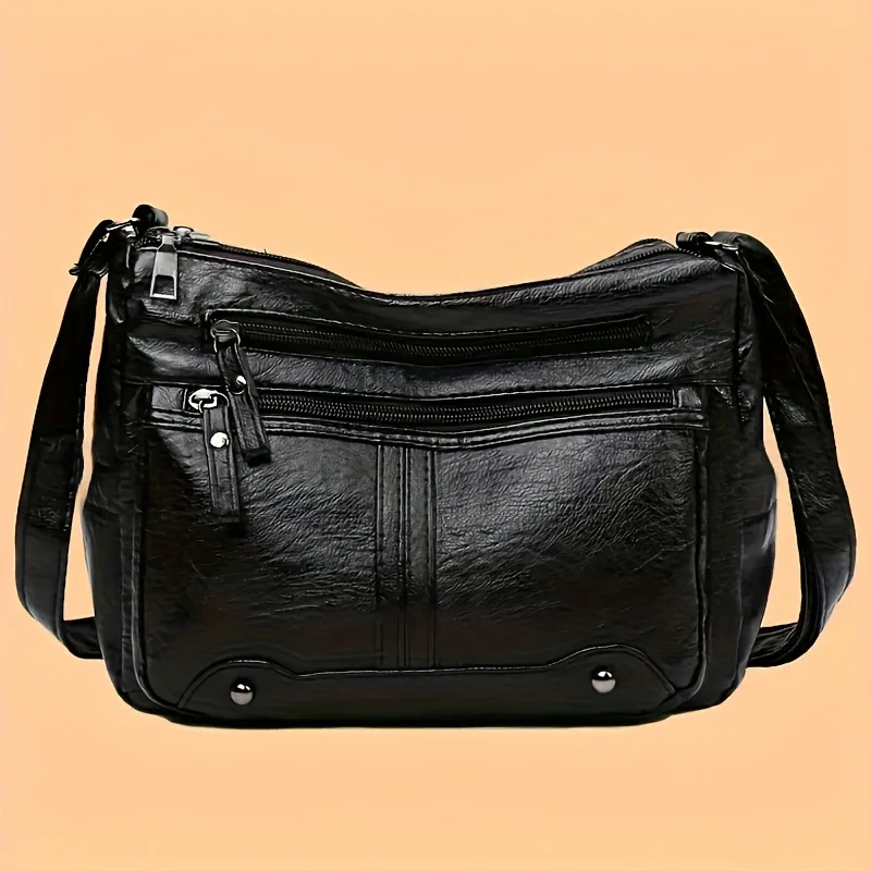 Ins Hot Retro Damen-Umhängetasche aus Leder mit Used-Look, Crossbody-Tasche mit mehreren Reißverschlusstaschen, trendige, geräumige, verstellbare Schultertasche – Detail 5