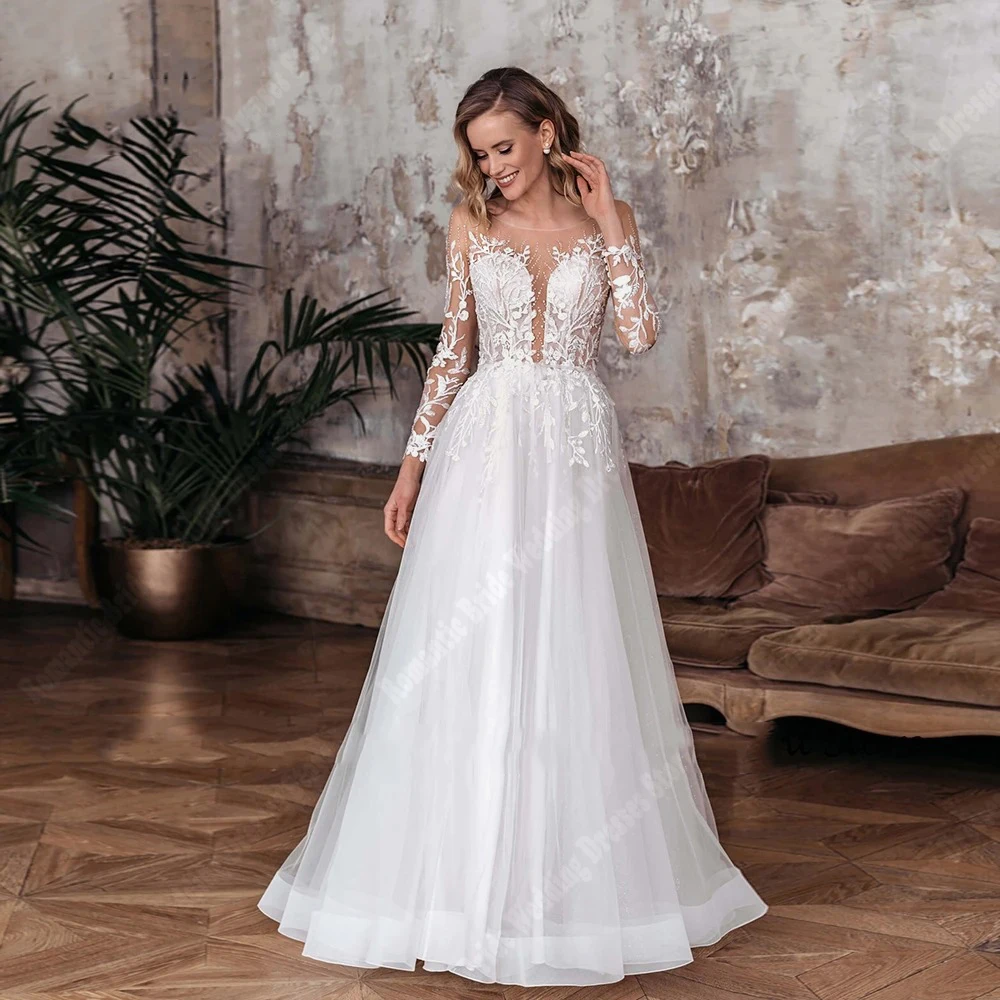 

Shining A-Line Wedding Dresses Customized Lace Floral Printing Bride Gowns Long Skirt Hem Mopping Length Vestidos De Novias 2024