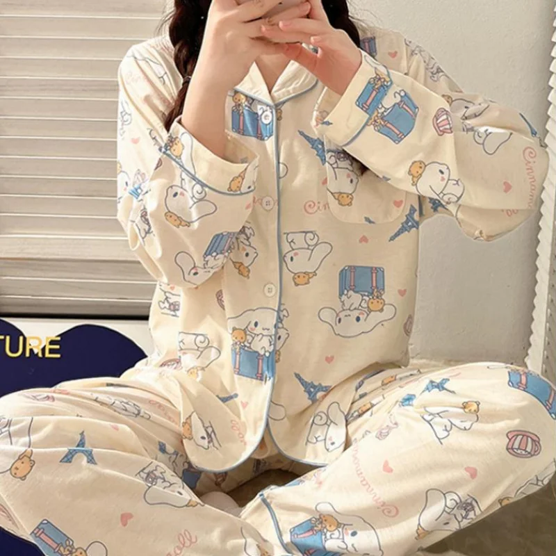 

Sanrio мультфильм Cinnamoroll Аниме пижамы для девочек весна-осень с длинным рукавом Милая Домашняя одежда универсальные наряды Kawaii Новинка