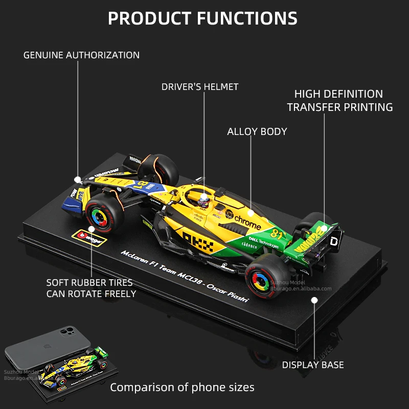 Bburago F1 Mclaren MCL38 Monaco with helmet version 2024 dustcover Alloy Car Diecast Model #4 Lando Norris #81 Oscar Piastri Toy