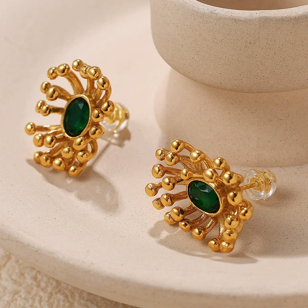 2025 New Stamen Shape Earring In Stainless Steel 18k Gold Plated With Big Oval Zircon Flower Rings Stud Earrings For Women