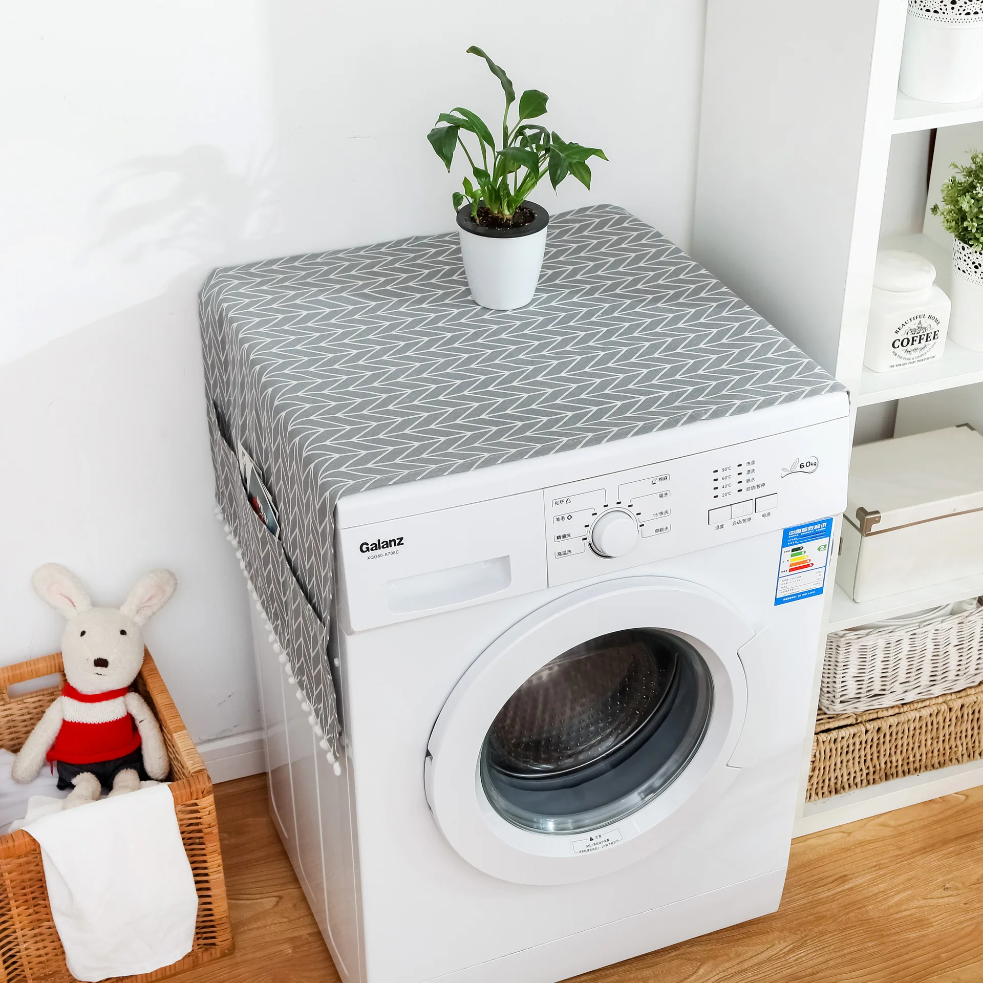 Pattern Washing Machine Dust Cover with Storage Pocket Pom Pom Fridge Microwave Top Dust Proof Protector Home Decor Cloth