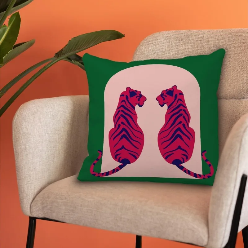 Green Pillow Cover Two Pink Tigers Facing Each Other Blue Stripes Arch Background Modern Art Print 18x18 Inch Square