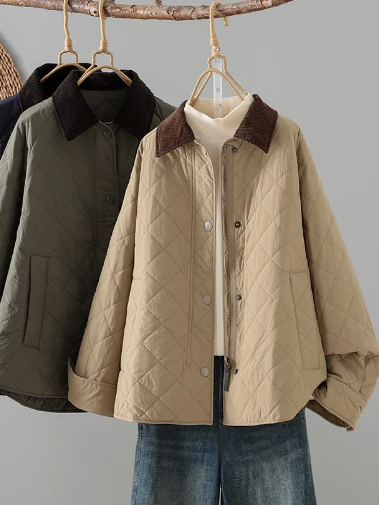 

Повседневное цветное хлопковое пальто в стиле ретро с воротником-колокольчиком и ромбовидным узором, женское зимнее легкое хлопковое теплое молодежное пальто