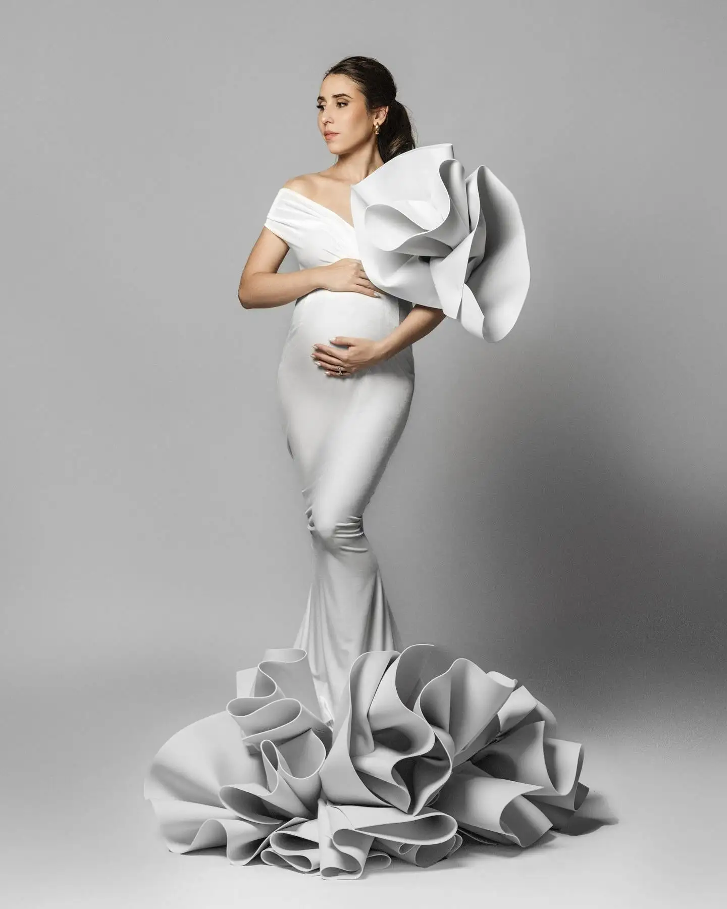 シルバーフリルマーメイドマタニティドレス写真撮影платье для беременных手作り花ユニークなベビーシャワードレスカスタムメイド