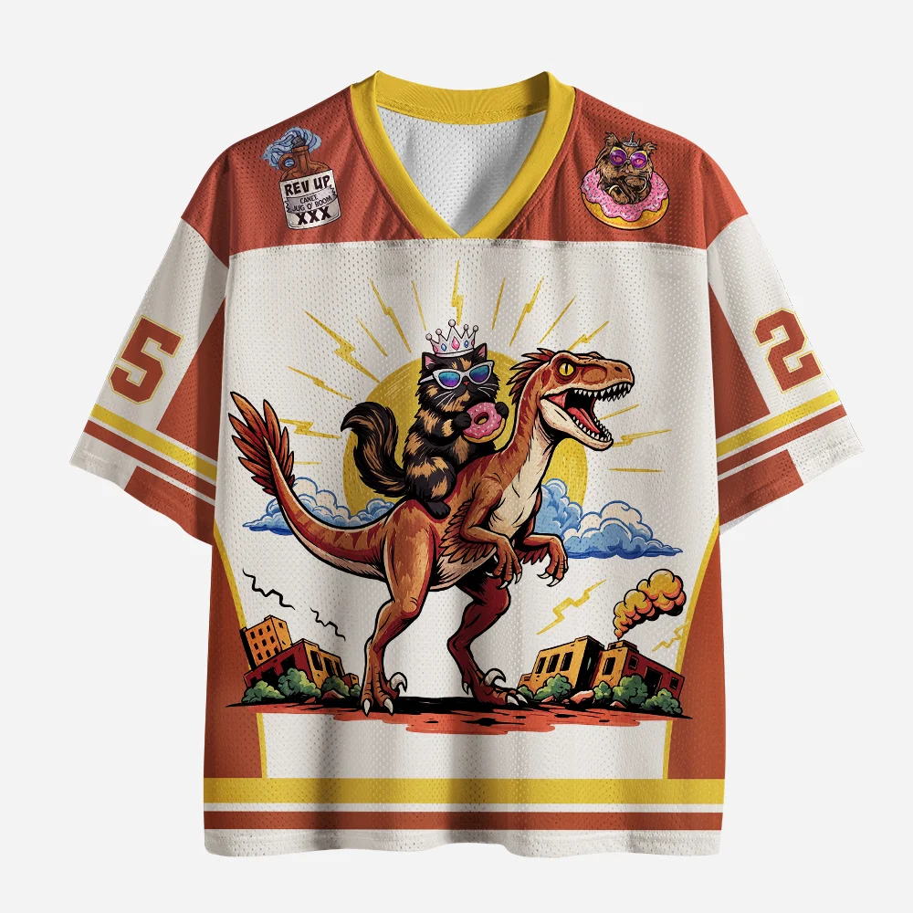 Cat Riding Dinosaur Donut Mesh Jersey Tee, Retro Cartoon Crown Kitten V Neck Short Sleeve Sports Shirt