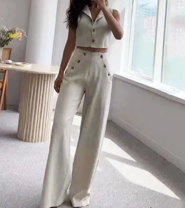 Fashion Pants Set 2024 Spring Summer Women' Button Design Lapel Sleeveless Top Casual Loose Long Style Solid Color Two Piece Set