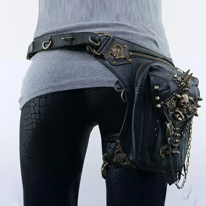 

Retro Rivet Skull Crossbody Shoulder Waist Bags for Men and Women Punk Black PU Outdoor Riding Motorcycle Leg Bag Fanny Pack