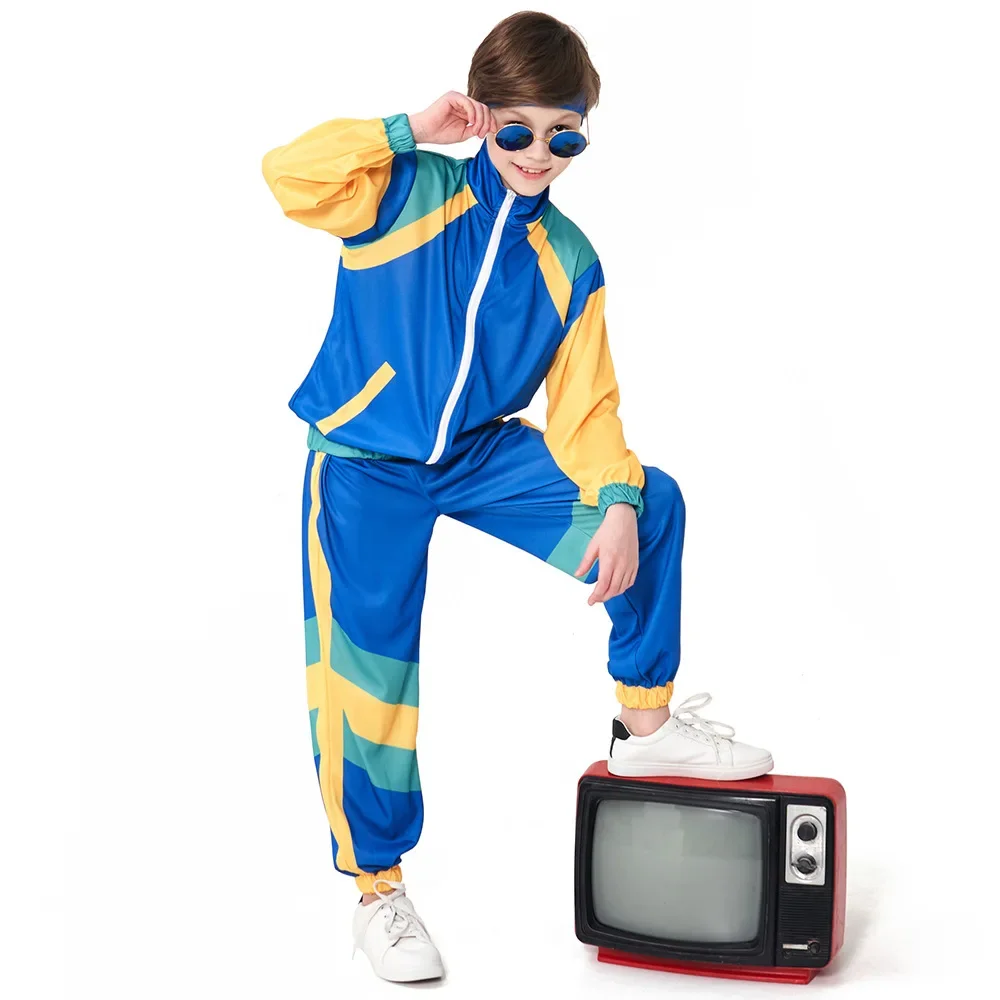 Boy Shell Suit Halloween Outfit Fancy Dress Up Girl Unisex 1980s Tracksuit Costume