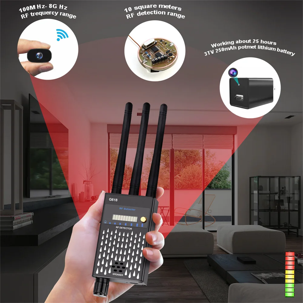 Three Antennas Professional Radio Frequency Detection Device GSM GPS RF Signal Detector Anti Wiretapping Wireless Camera Detects