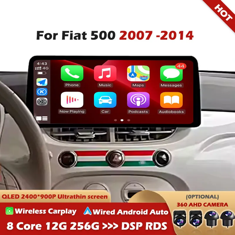 12.3 inch Android 16 For Fiat 500 2007 2008 2009 2010 -2014 Car Auto Radio Multimedia Video Player Stereo GPS Navigation 4G WIFI