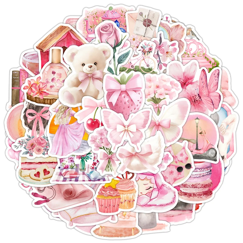 

50 шт. розовые эстетические наклейки для девочек, милые розовые виниловые водонепроницаемые наклейки, декор для скрапбукинга, мобильного телефона, компьютера, скейтборда