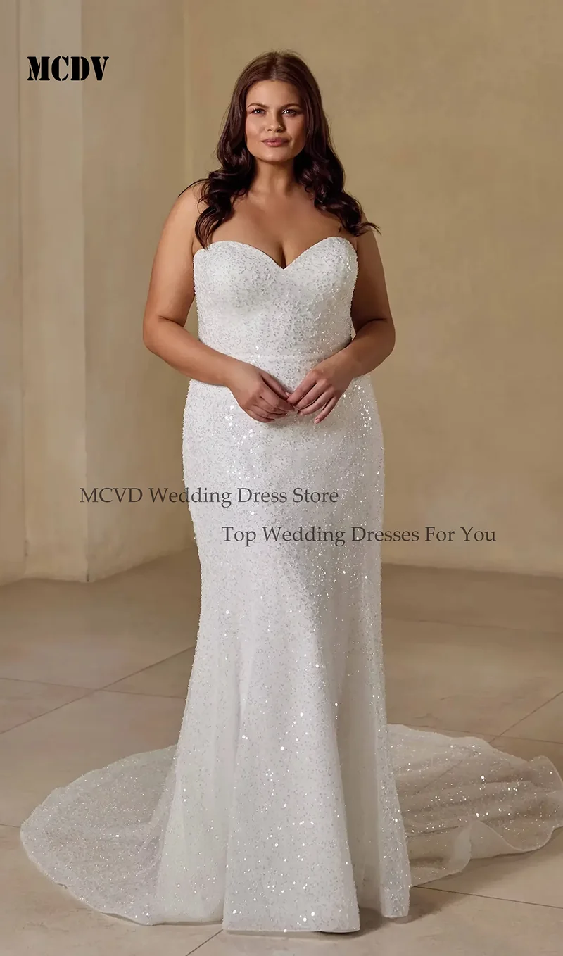 MCDV فستان زفاف ساحر بدون أكمام حورية البحر مقاس كبير للنساء بدون حمالات مطرز من التل فستان زفاف قابل للانفصال حسب الطلب