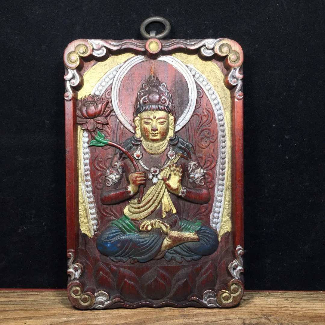 

8"Tibetan Temple Collection Old Rosewood Mounting Painted Lotus Guanyin Buddha Amitabha Thangka Wall hanging Worship Hall