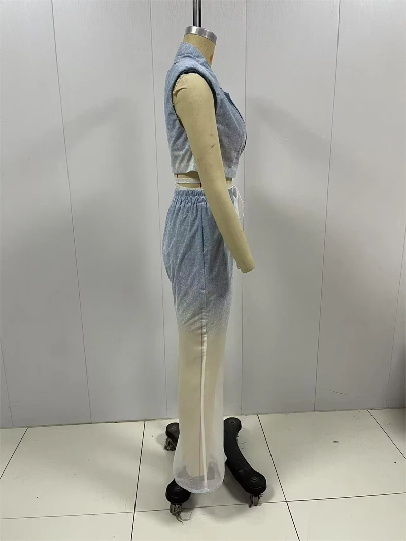 KEYANKETIAN صيف جديد المرأة التدرج اللون الدانتيل يصل سترة بلا أكمام مرونة الخصر مضيئة السراويل الترفيه نمط قطعتين رقيقة