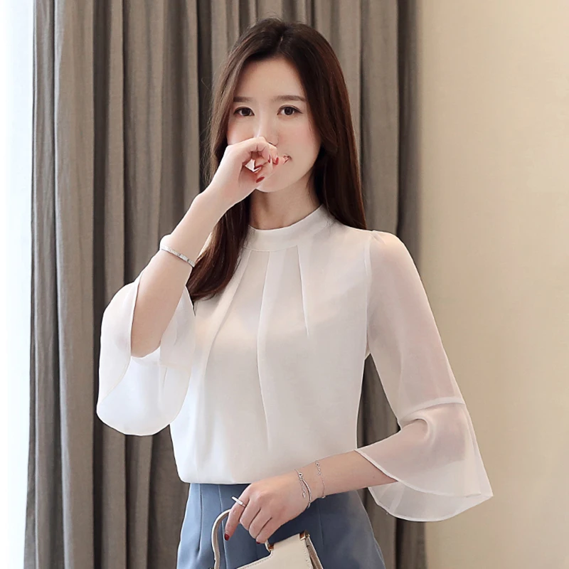 

Новая модная женская летняя блузка в корейском стиле: свободная шифоновая рубашка с рукавами-колокол и цветными вставками, укороченный рукав, базовая модель.