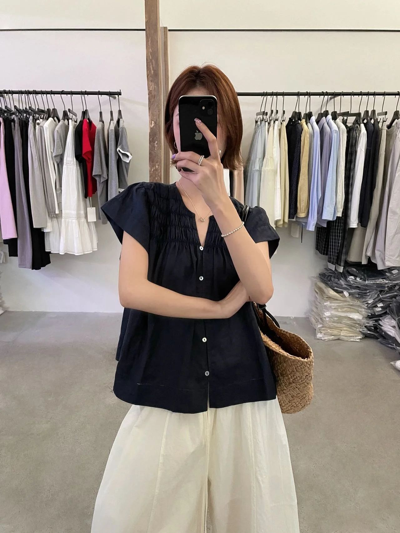 

Lilian Fashion Korean Style Slimming Trendy Multi-purpose Small Shirt Women's SM7333 Linen Material Breathable Short Sleeve