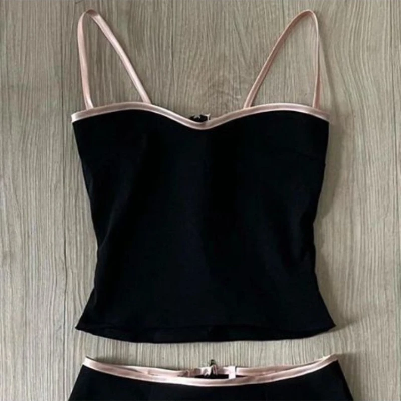 빈티지 우아한 민소매 여자 섹시한 Hotsweet 슬림 맞는 블랙 보우 스트랩 미니 스커트 두 조각 세트 저녁 파티 여름 2025 새로운
