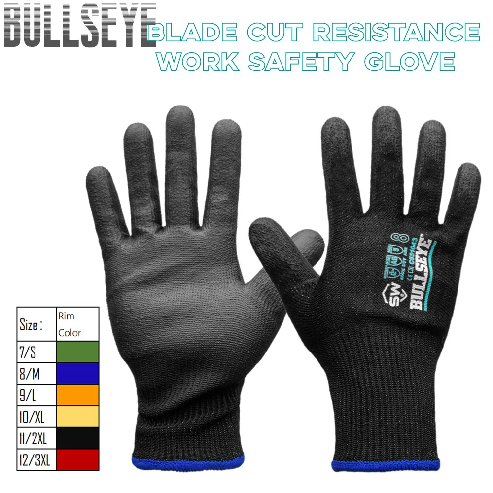 BullsEye Black Blade Cut Resistance Work Safety Glove, Palm Thin PU Coated, ANSI Cut 5, LightWeight, Abrasion,Grip, Breathable