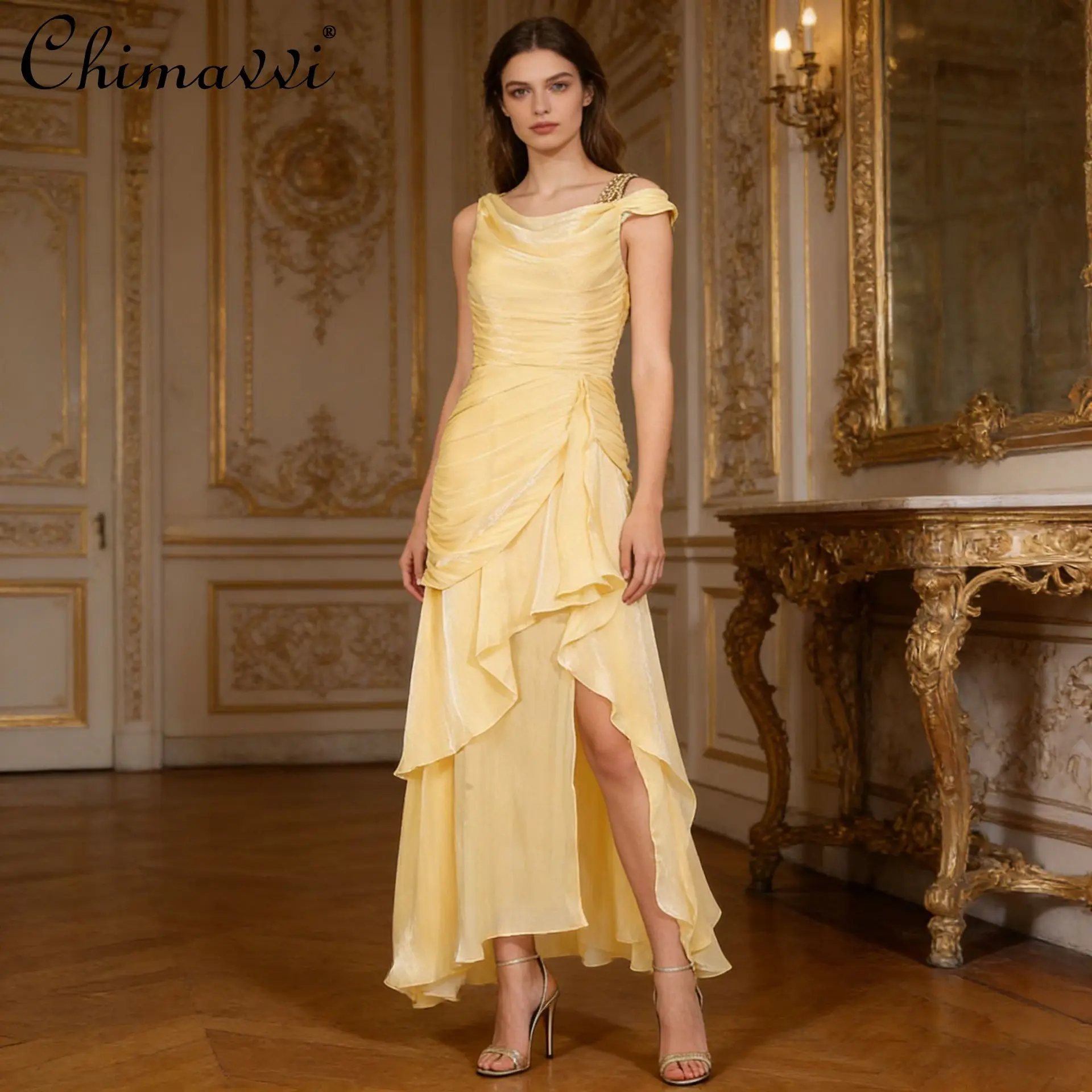 French Elegant Fashion Socialite Yellow Evening Dresses Sequin Strap High Waist Ruffled Irregular Long Dress for Women Summer