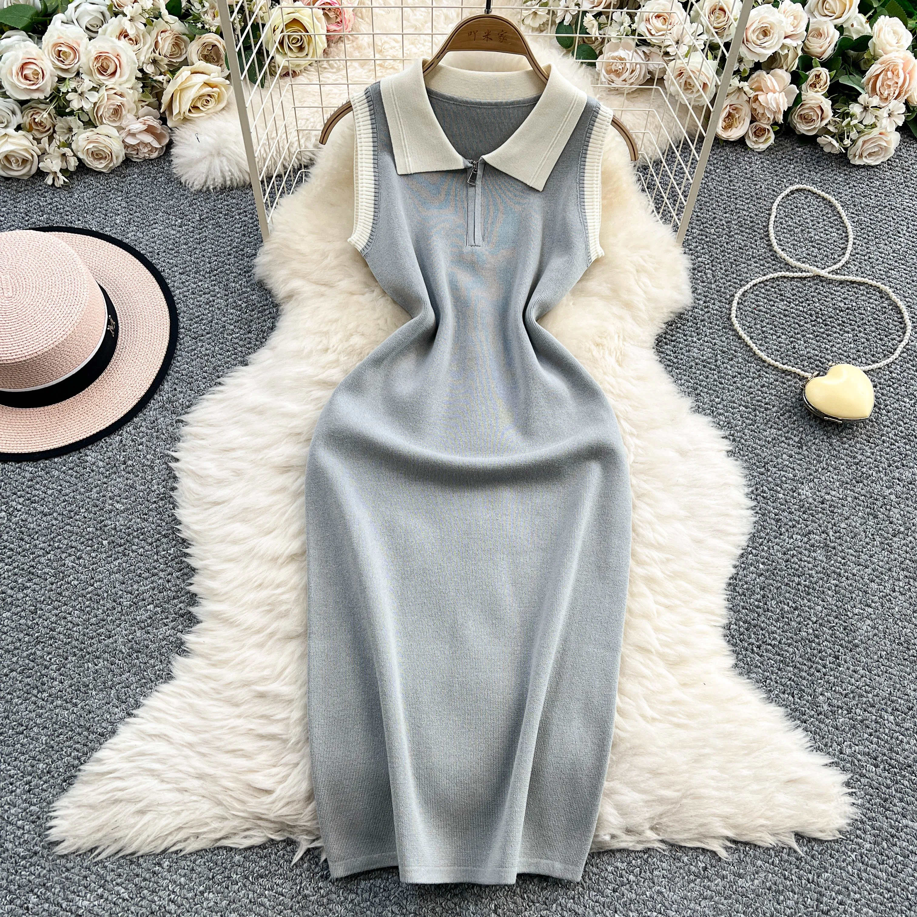 REALEFT Elegante Cerniera Lavorato A Maglia Delle Donne Wrap Abiti 2025 Nuova Estate Senza Maniche Polo Collare Solido Casual Tubino Vestito Dal Carro Armato Femminile