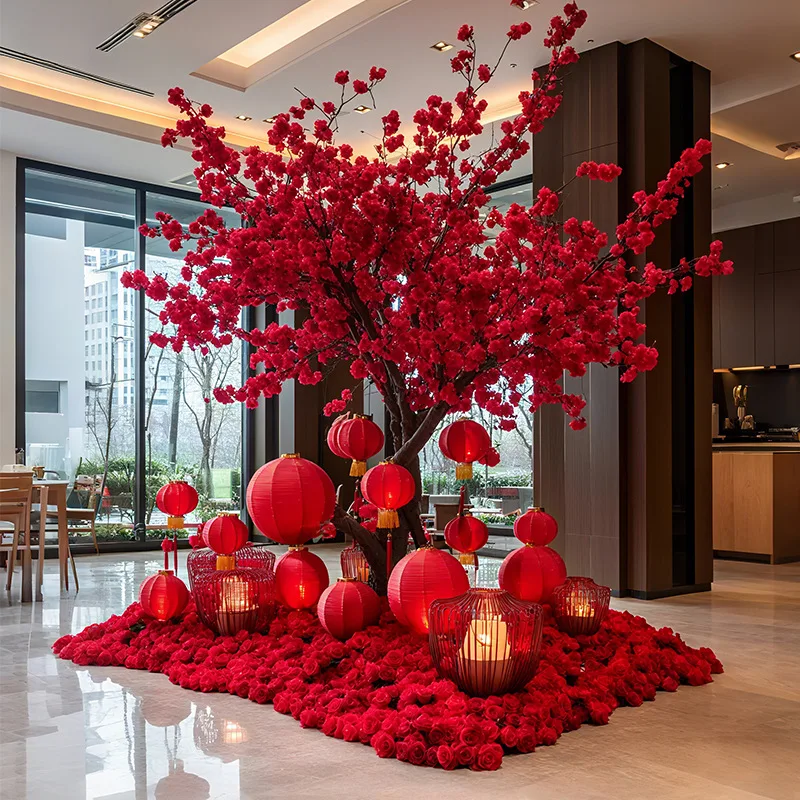 

Customized large indoor artificial red plum tree simulation green plant hotel villa landscape decoration atmosphere