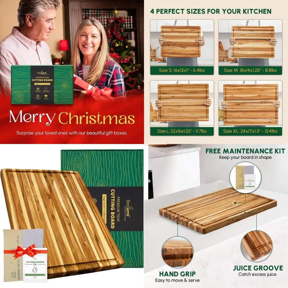 

Large Teak Wood Cutting Board with Juice Groove and Hand Grips, Ideal for Kitchen and Serving, XL Size, 24x18x1.5, Christmas Gif