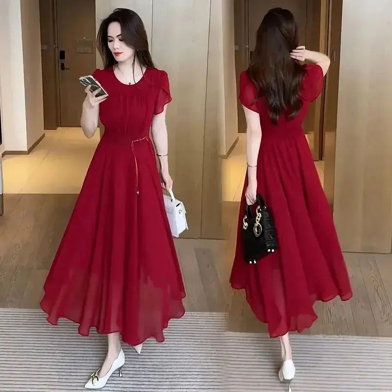 

Elegant Chinese Style Women 2025 Summer New Fashion Trendy Waist-cinching Knee-length Chiffon Dress