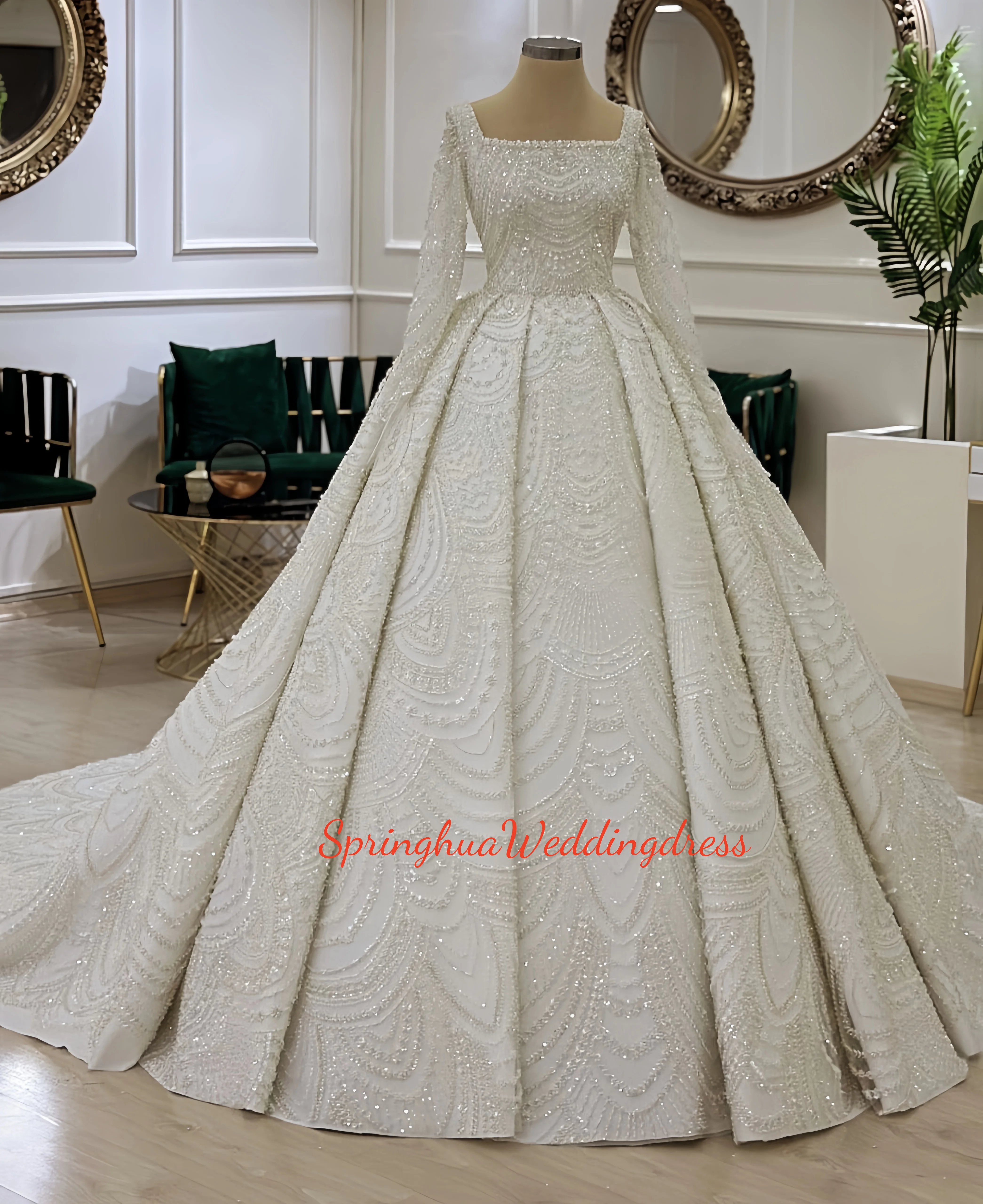 

Custom Made Elegant and Generous A-Line Square Neck Wedding Dress High Quality Pearl Vestido de novia