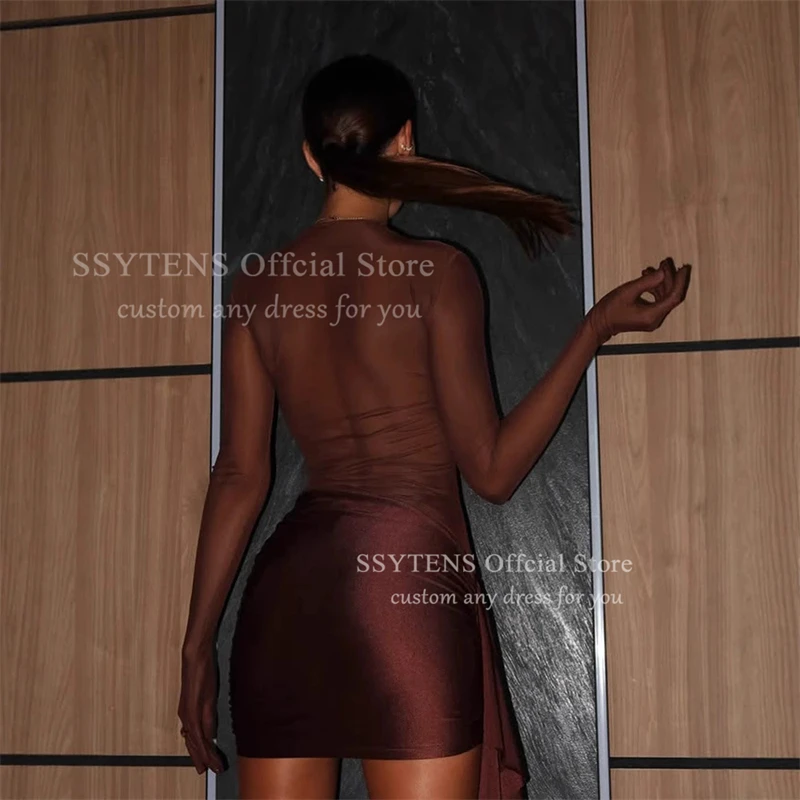 SSYTENS Gaun Malam Pendek Coklat Modern Gaun Koktail Lengan Penuh Ilusi Gaun Pesta Malam Klub Berlipat Disesuaikan